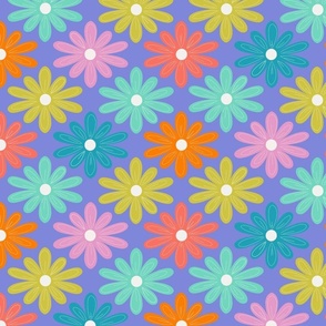 Groovy Retro flowers, purple background, yellow, pink, green, blue, 70's style, modern 10"