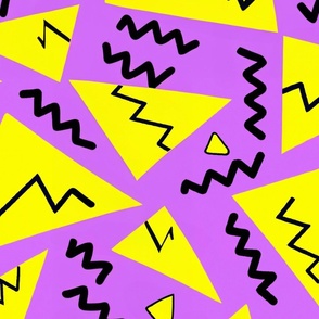 Groovy 90s - Retro triangle shapes and black squiggly lines over purple L
