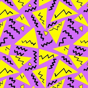 Groovy 90s - Retro triangle shapes and black squiggly lines over purple M