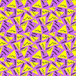 Groovy 90s - Retro triangle shapes and black squiggly lines over purple S