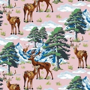 Vintage Winter Wonderland Illustration Mountain Landscape, Wild Woodland Deer, Pine Tree Woods (Medium Scale)