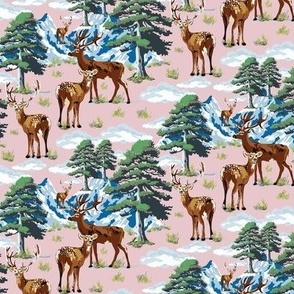 Wild Winter Wonderland Mountain Landscape, Woodland Deer, Pine Trees, Vintage Style Illustration (Small Scale)