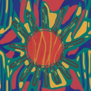 Bright retro design with green red blue yellow abstract suns in 80s style