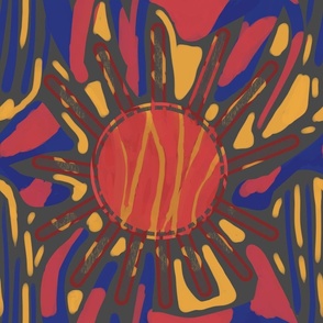   Bright retro design with red blue yellow brown abstract suns in 80s style