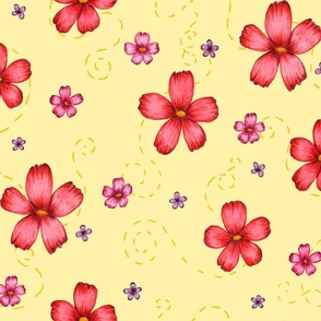 Twirly red florals on yellow