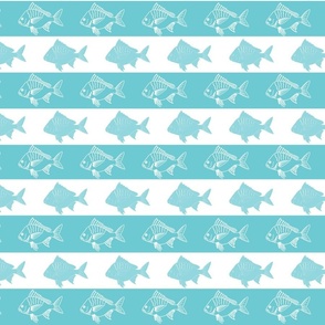 block print hand drawn  fish on acqua blue and off white wide stripe