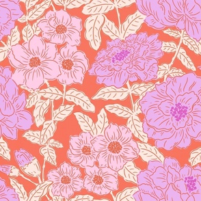 Wildflower Dreams - Bold Orange, Peony, Zinnia, Leaves, Garden, Florals, Flowers, Pink, Purple, Bright