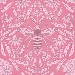 Pollinator Party - Medium - Monochromatic, Pink, Petal, Honeybee, Bees, Coneflowers, Daisies, Hydrangea, Leaves, Flowers, Garden