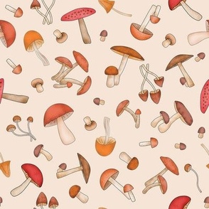 Mushrooms Red Orange on Beige Non Directional Medium 8"