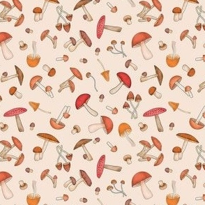 Mushrooms Red Orange on Beige Non Directional Small 4"