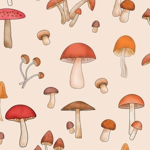 Mushrooms Red Orange on Beige Directional Large 12"