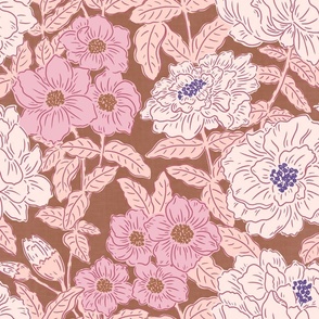 Wildflower Dreams - Large - Pink, Purple, Brown, Peony, Zinnia, Leaves, Garden, Florals, Flowers
