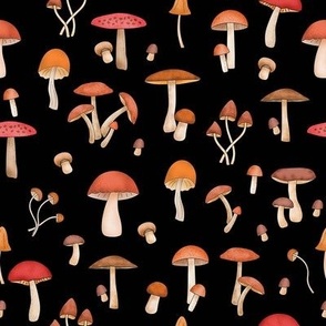 Mushrooms Red Orange on Black Directional Medium 8""