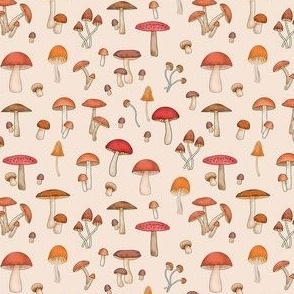 Mushrooms Red Orange on Beige Directional Small 4"