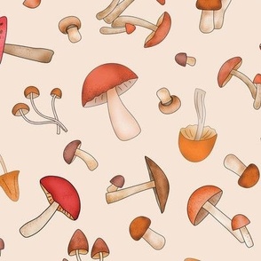 Mushrooms Red Orange on Beige Non Directional Large 12"