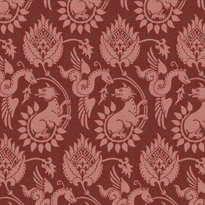 14th Century Damask with Winged Serpents, dark madder-root red