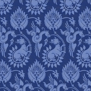 14th Century Damask with Winged Serpents, royal blue