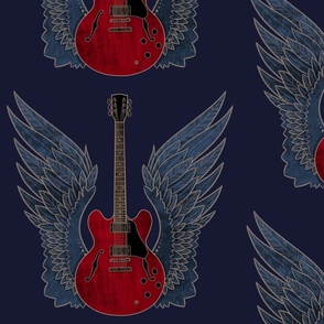 (medium) red guitar on blue with wings feathers 