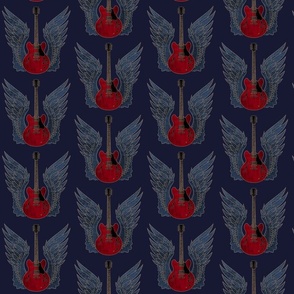 (small) red guitar on blue with wings feathers  