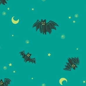 LARGE Halloween Bats with Moon & Stars in Teal Colorway