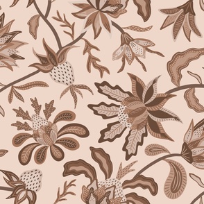 Brown monochromatic otherworldly chintz on light background - exotic indian floral - large scale