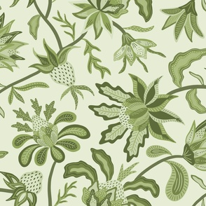 Olive green monochromatic otherworldly chintz on light background - exotic indian floral - large scale
