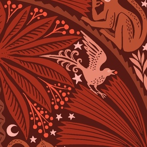 Moon Monkey Jungle Bird Berry Thief Damask - Reds