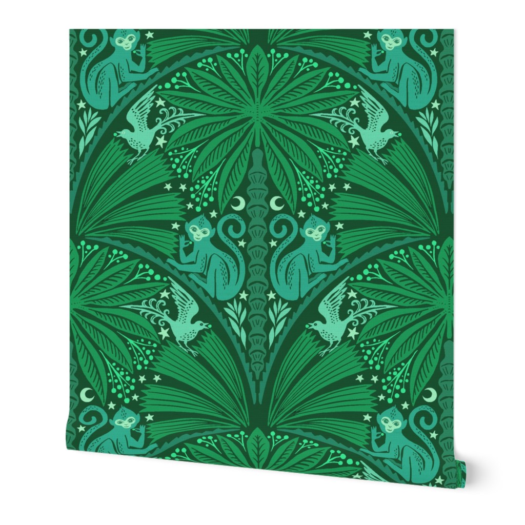 Moon Monkey Jungle Bird Berry Thief Damask - Green