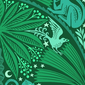 Moon Monkey Jungle Bird Berry Thief Damask - Green