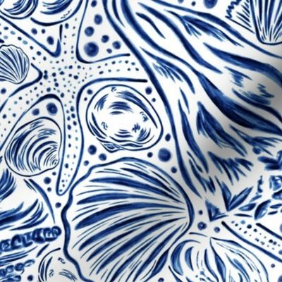 Seashell pattern watercolor monochrome - half drop - blue