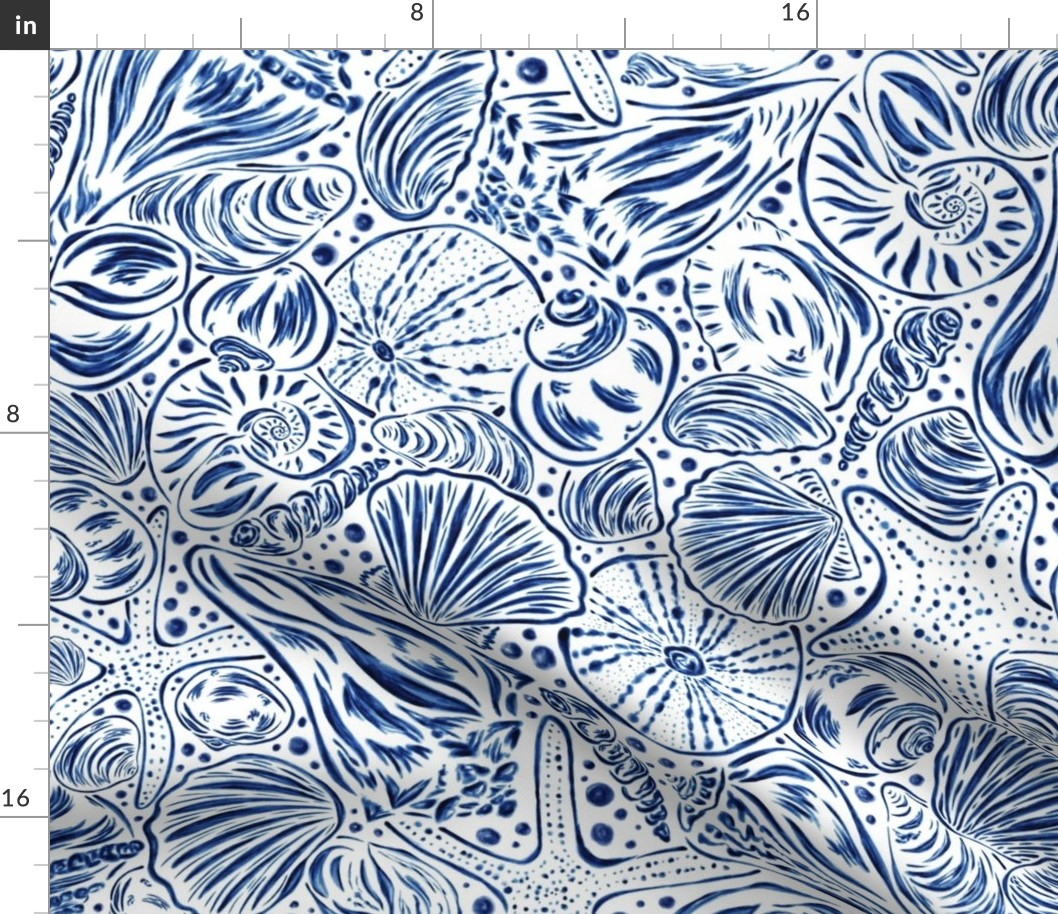 Seashell pattern watercolor monochrome - half drop - blue