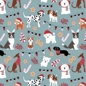 Dogs Christmas party - seasonal puppies with santa hats candy canes christmas cookies and lights kids design red pink on moody blue 