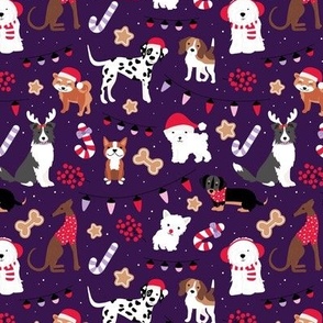 Dogs Christmas party - seasonal puppies with santa hats candy canes christmas cookies and lights kids design red lilac purple 