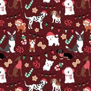 Dogs Christmas party - seasonal puppies with santa hats candy canes christmas cookies and lights kids design vintage red green jade on wine 