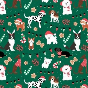 Dogs Christmas party - seasonal puppies with santa hats candy canes christmas cookies and lights kids design vintage red mint green on pine 