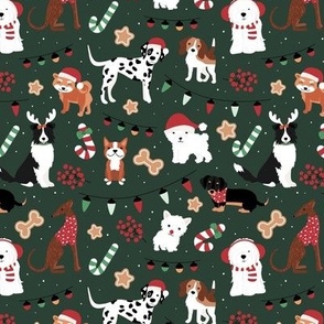 Dogs Christmas party - seasonal puppies with santa hats candy canes christmas cookies and lights kids design ruby red green on camo 