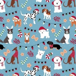 Dogs Christmas party - seasonal puppies with santa hats candy canes christmas cookies and lights kids design ruby red green on cool blue 
