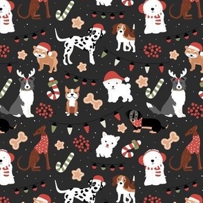 Dogs Christmas party - seasonal puppies with santa hats candy canes christmas cookies and lights kids design vintage red green olive on charcoal 