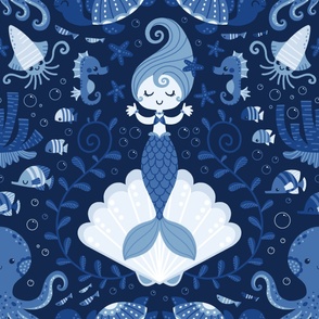 Blue mermaids monochrome large scale