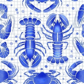 watercolor frutti di mare - sea animals  - cobalt blue - large scale