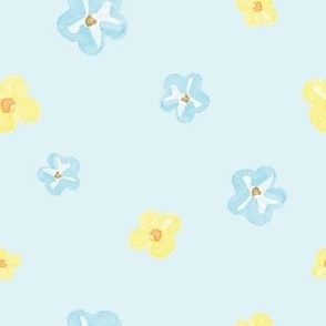 Ditsy Yellow and Blue Watercolour Daisies Tossed on Sky Blue 