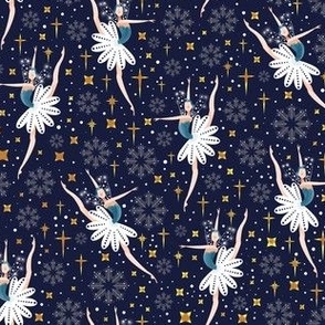 small romantic winter ballet dancers in moon light with stars and snowflakes, by art for joy lesja saramakova gajdosikova design