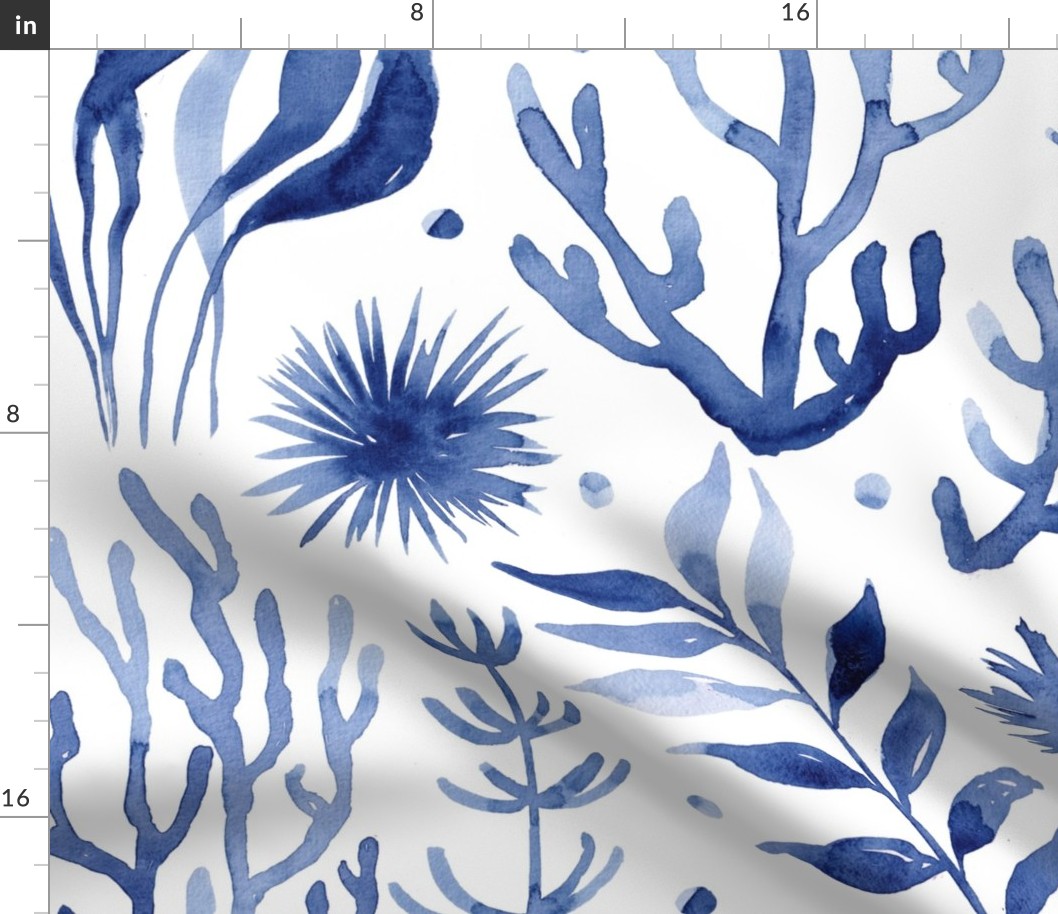 under the sea , navy monochrome watercolor coastal fabric,wallpaper large scale