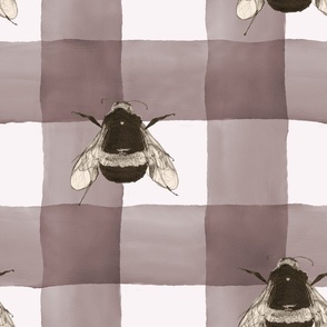 Monochromatic Bees on watercolour checks in aubergine brown