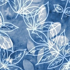 Baptisia and Wisteria Leaf Sunprints with Wisteria Outlines Shades of Aegean Blue