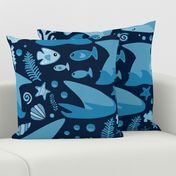 XL Shark Attack Monochromatic Blue for Bedding and Curtains