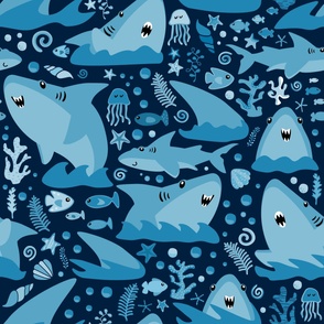 Shark Attack Monochromatic Blue Extra Large for Bedding and Curtains