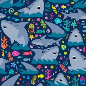 Shark Attack On Dark Blue Extra Large for Bedding and Curtains