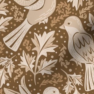 Hand Drawn Birds and leaves. Monochrome warm earthy brown colors - Medium scale