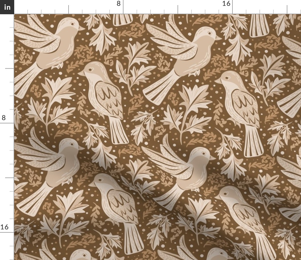 Hand Drawn Birds and leaves. Monochrome warm earthy brown colors - Medium scale
